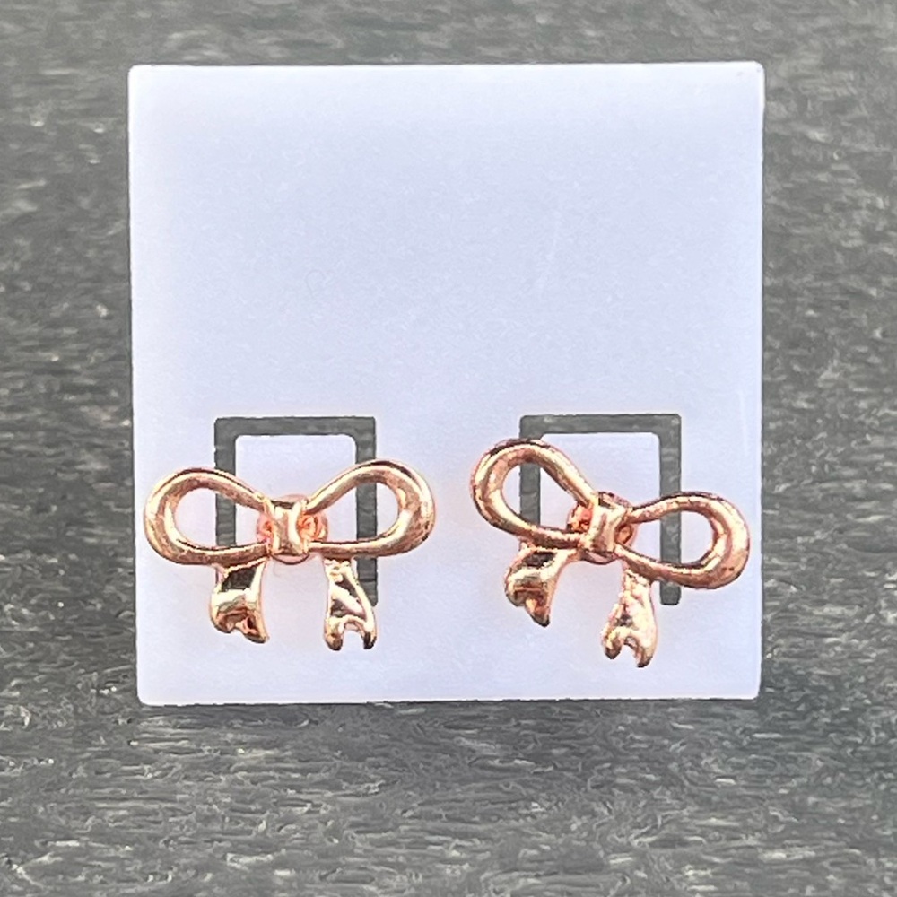 Rose Gold Tone Bow Stud Earrings; Soft Rubber Back; NWOT
